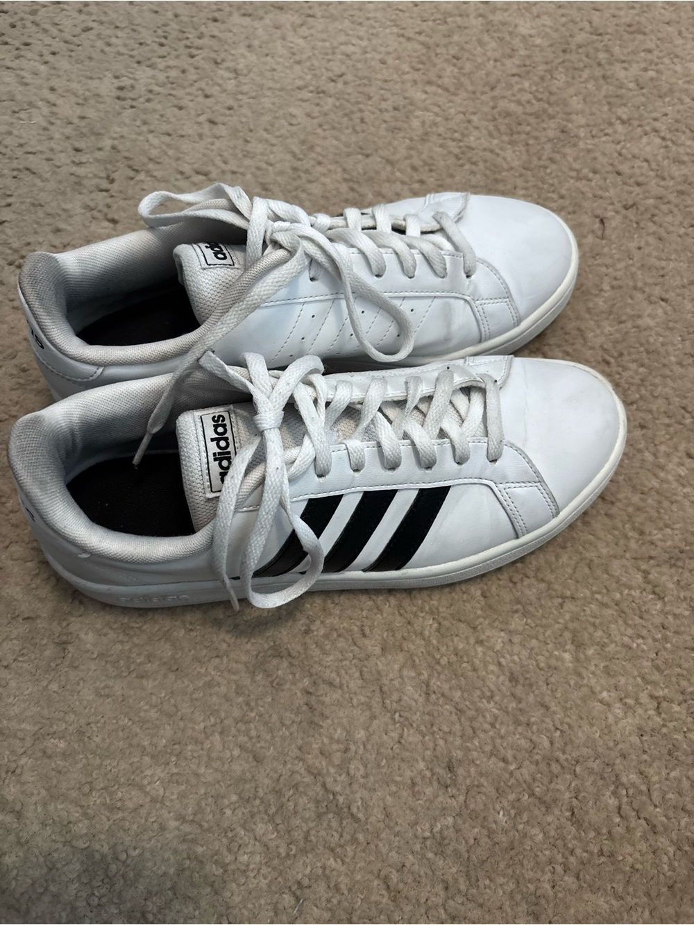 adidas Womens White Sneakers with Black Stripes